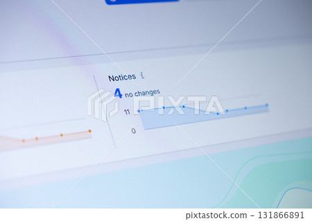 Close-up of a digital screen displaying Notices with 4 no changes and a blue line graph, representing data monitoring and business analysis Close-up of a digital screen displaying Notices with 4 no changes and a blue line graph, representing data monitoring and business analysis 131866891