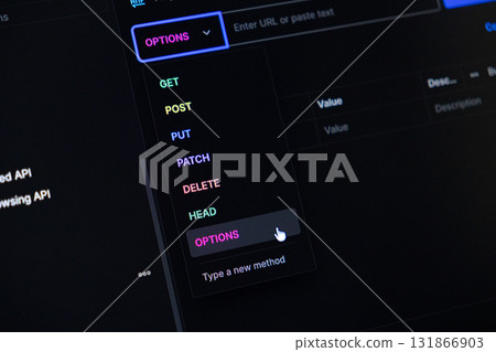 Developer clicking OPTIONS HTTP method in a dark mode API client interface, essential for modern web service interaction and robust backend programming 131866903