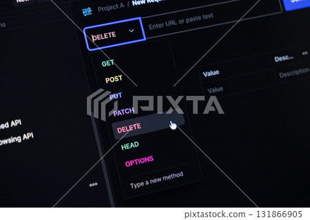 Digital software interface highlighting HTTP DELETE request method selection by a mouse cursor, conveying API management and modern web service development Digital software interface highlighting HTTP DELETE request method selection by a mouse cursor, conveying API management and modern web service development 131866905