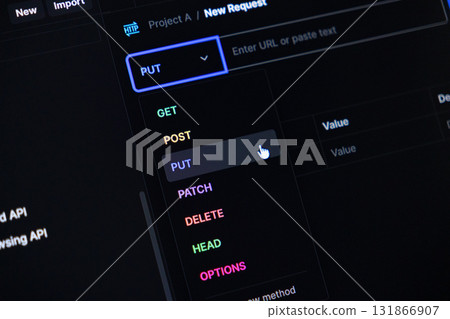 API development tool interface displays various HTTP request methods, with a mouse cursor selecting the PUT option for web programming projects 131866907