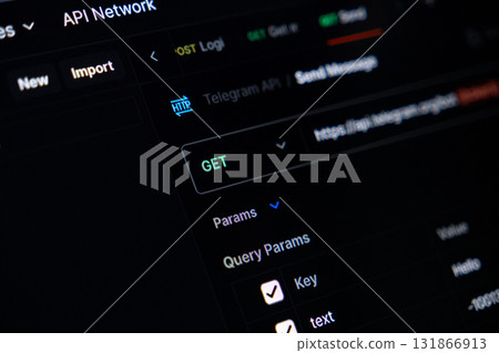 Dark screen displaying API Network interface with GET method for Telegram API, illustrating essential modern web development and data request processing Dark screen displaying API Network interface with GET method for Telegram API, illustrating essential modern web development and data request processing 131866913