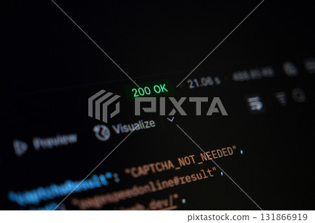 Abstract view of a dark computer screen interface showing a glowing 200 OK status, alongside programming code and data visualization options, reflecting successful digital operations and web Abstract view of a dark computer screen interface showing a glowing 200 OK status, alongside programming code and data visualization options, reflecting successful digital operations and web 131866919