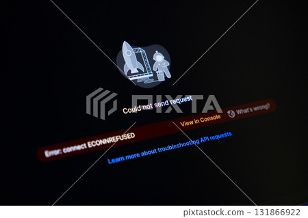 Screen displaying Could not send request and ECONNREFUSED error, highlighting a network connectivity failure for API requests in software development 131866922