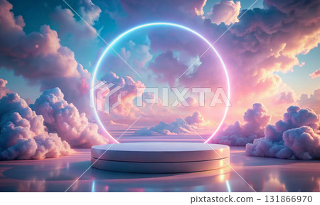 The podium with a neon circle is set against a pink sky with clouds The podium with a neon circle is set against a pink sky with clouds 131866970