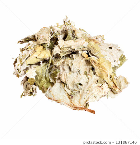 Dried foliage of coltsfoot (Tussilago farfara) for medical use isolated on white. Dried foliage of coltsfoot (Tussilago farfara) for medical use isolated on white. 131867140