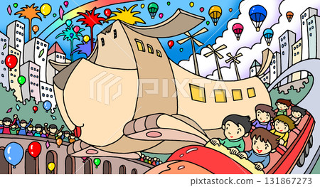 Fairy tale fantasy - dog, airship, roller coaster, child Fairy tale fantasy - dog, airship, roller coaster, child 131867273