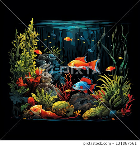 Captivating Aquarium Life A Detailed Illustration of Fish, Plants, and Underwater Beauty 131867561