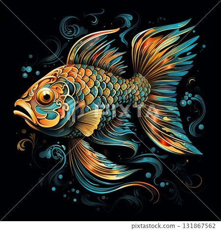 Ornate Koi Fish Illustration with Intricate Details and Vibrant Colors on Black Background 131867562
