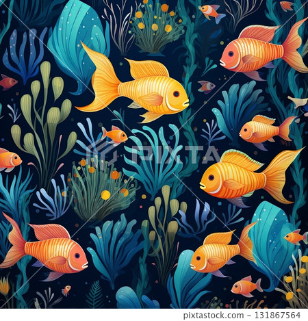 Vibrant Aquatic Life Pattern of Colorful Fish and Lush Seaweed for Textile Design 131867564