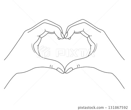 Monochrome line drawing of a heart made with both hands vector material 131867592