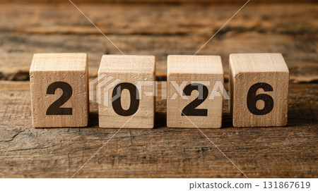 Wooden blocks with numbers forming 2026 on rustic wooden surface, new year and goal planning concept 131867619