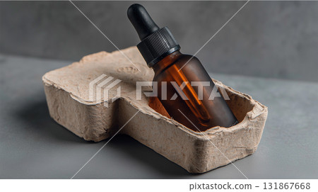 Amber glass dropper bottle in eco-friendly biodegradable molded packaging on grey background 131867668