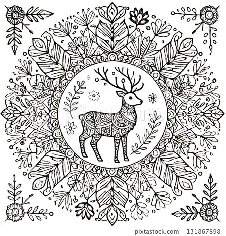 曼陀羅線條藝術,描繪了一隻被花朵和樹葉包圍的神秘鹿 曼陀羅線條藝術,描繪了一隻被花朵和樹葉包圍的神秘鹿 131867898