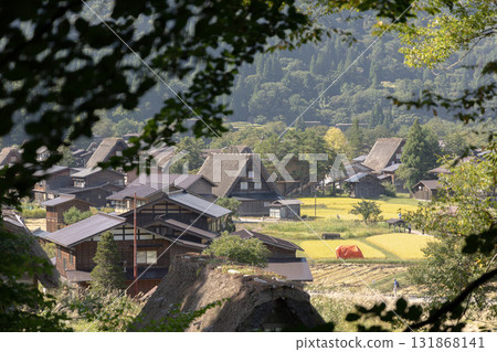 Shirakawa-go Gassho-style village seen through the trees in autumn Shirakawa-go Gassho-style village seen through the trees in autumn 131868141