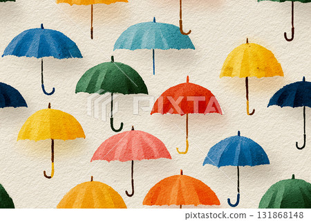 Rainy weather. Colored rain umbrellas equidistant from each other. Seamless pattern. Minimalist style. Drawing style. 131868148