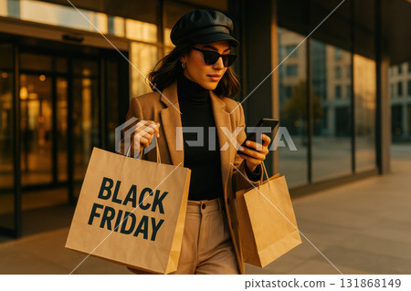 Stylish woman with shopping bags labeled Black Friday walking outdoors while using her phone 131868149