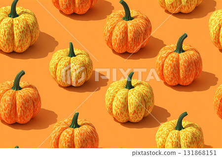 Autumn art. Seamless pattern. Orange small pumpkins in several rows. Minimalist style. Drawing style. 131868151