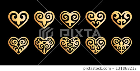 Set of hearts with kazakh ornaments 2 gold Set of hearts with kazakh ornaments 2 gold 131868212