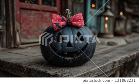 Halloween Black Pumpkin. A black pumpkin with a bow and jack-o'-lantern face, surrounded by candles. 131868231