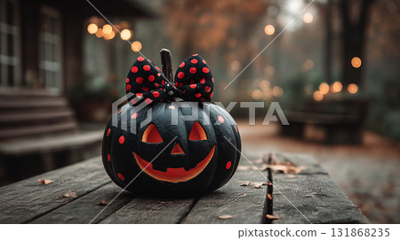 Halloween Black Pumpkin. A black pumpkin with a bow and jack-o'-lantern face, surrounded by candles. 131868235