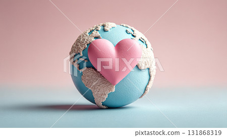 Heartfelt Earth. A pastel globe with a heart symbolizes love and unity across the world 131868319