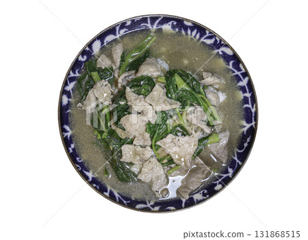 Wide Rice Noodles with Pork and Chinese kale in Gravy Sauce (Rad Na Moo) isolated on white background with clipping path. Wide Rice Noodles with Pork and Chinese kale in Gravy Sauce (Rad Na Moo) isolated on white background with clipping path. 131868515