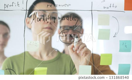 Professional businesswoman wearing glasses writing on glass board, marking strategic plan with sticky notes while colleagues brainstorming in background 131868540