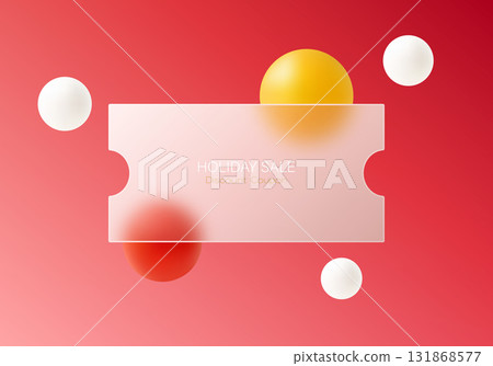 Festive glass morphism style coupon background with red gradient, yellow and white spheres and elegant holiday sale composition. 131868577