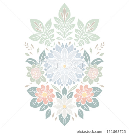 Elegant floral vector illustration with pastel flowers and leaves arranged in a symmetrical folk art style. Delicate colors and clean lines. 131868723