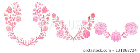 Vector set of pink watercolor frames of decorative floral arrangement. Collection of delicate dividers with foliage, peonies Vector set of pink watercolor frames of decorative floral arrangement. Collection of delicate dividers with foliage, peonies 131868724