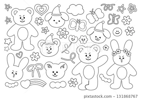Cute outlines of puppy, bunny, teddy bear, butterfly, flowers, stars, rainbow for kid colouring book, animal sketch, cartoon character, comic, zoo, pet shop, vet, happy easter, floral print, tattoo	 131868767
