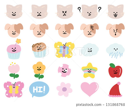 Cute vector illustrations of puppy and cat expressions, cupcake, butterfly, cloud and rain, flower, star, apple, heart, party hat for cartoon characters, comic, animals, pet shop, vet, emoji, mood Cute vector illustrations of puppy and cat expressions, cupcake, butterfly, cloud and rain, flower, star, apple, heart, party hat for cartoon characters, comic, animals, pet shop, vet, emoji, mood 131868768