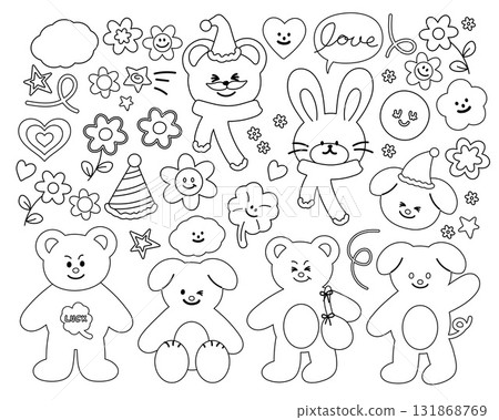 Cute Christmas outlines of teddy bear, puppy, bunny wearing winter scarf, Santa beard, party hat, clover leaf, flower for kid colouring book, animal sketch, cartoon character, happy easter, tattoo 131868769