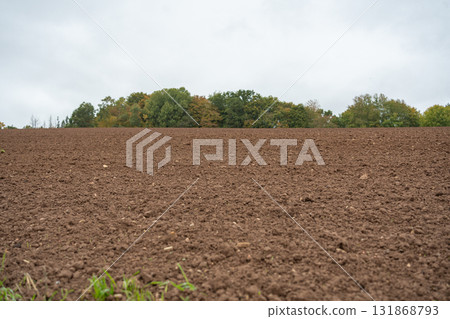 Close-up view of freshly plowed brown field, rough soil texture and earthy tones concept of farming and land cultivation 131868793