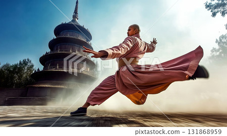 Shaolin monk performing martial arts in front of a pagoda 131868959
