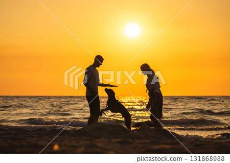Couple playing with their dog on the beach during a vibrant sunset by the sea 131868988