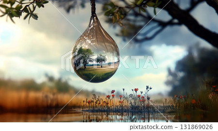 Drop reflecting green landscape symbolizing spring and rebirth Drop reflecting green landscape symbolizing spring and rebirth 131869026