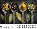 spices and herbs on a wooden background 131869188