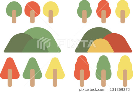 用季節色彩描繪樹木和山脈的簡單插圖 131869273