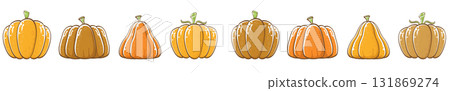 vector graphic orange pumpkins set isolated on white horizontal banner background. Cartoon hand drawn pumpkins collection for autumn ,Halloween and Thanksgiving day poster and wide banner design 131869274