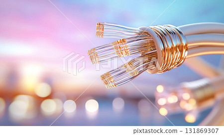 Sparking electric cables and glowing fiber optics. fiber optical abstract background. AI Generated. 131869307