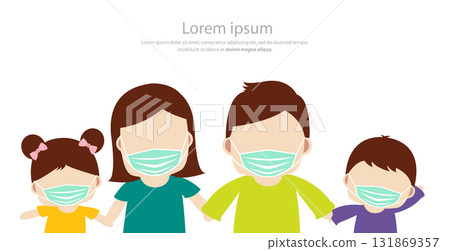 Family wearing with protective mask, prevention spread coronavirus covid 19. vector illustration 131869357