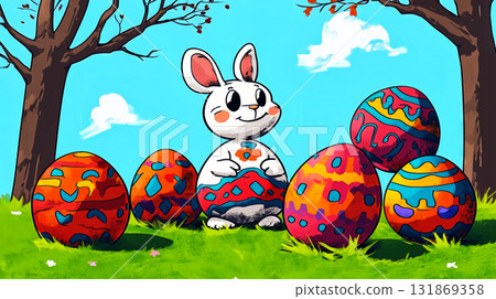 Easter bunny holding decorated egg in meadow 131869358