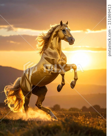 一匹金馬在清晨的太陽升起時奔跑在草原上 131869413