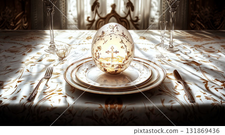 Easter egg with christian cross shining on elegant table setting 131869436