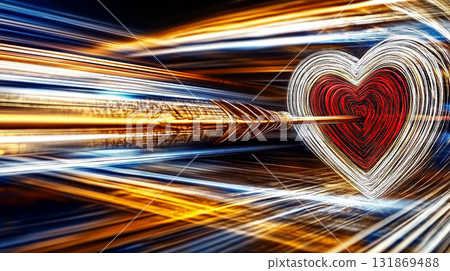 Golden arrow piercing red and white heart with light trails background for valentine's day 131869488