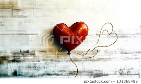 Red heart balloon floating on white wooden background for valentine's day 131869489