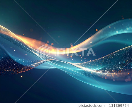 抽象波浪背景，帶有閃閃發光的藍色和橙色流線和粒子。未來派燈光效果。 131869754