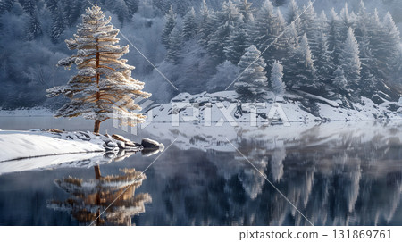 snowy pine tree reflecting in calm winter lake snowy pine tree reflecting in calm winter lake 131869761