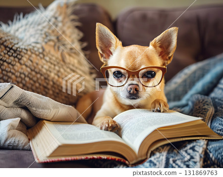 chihuahua dog reading a book with glasses on sofa chihuahua dog reading a book with glasses on sofa 131869763
